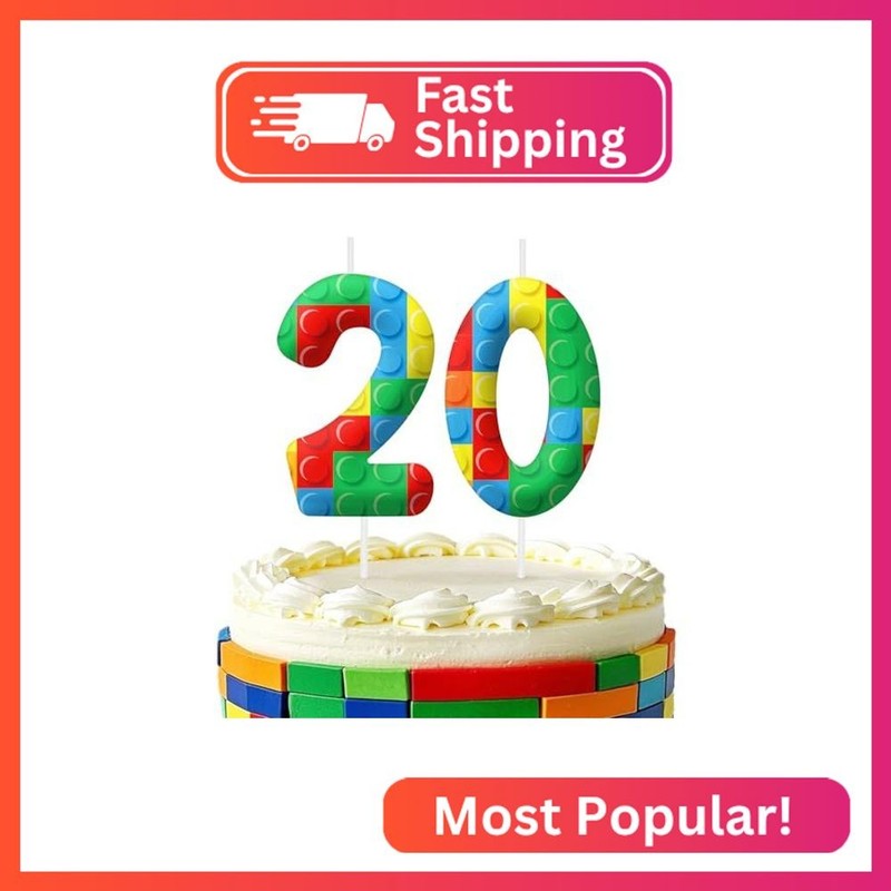 Green Red 20th Birthday Candles, Number 20 Candle Cake Topper for Building Block
