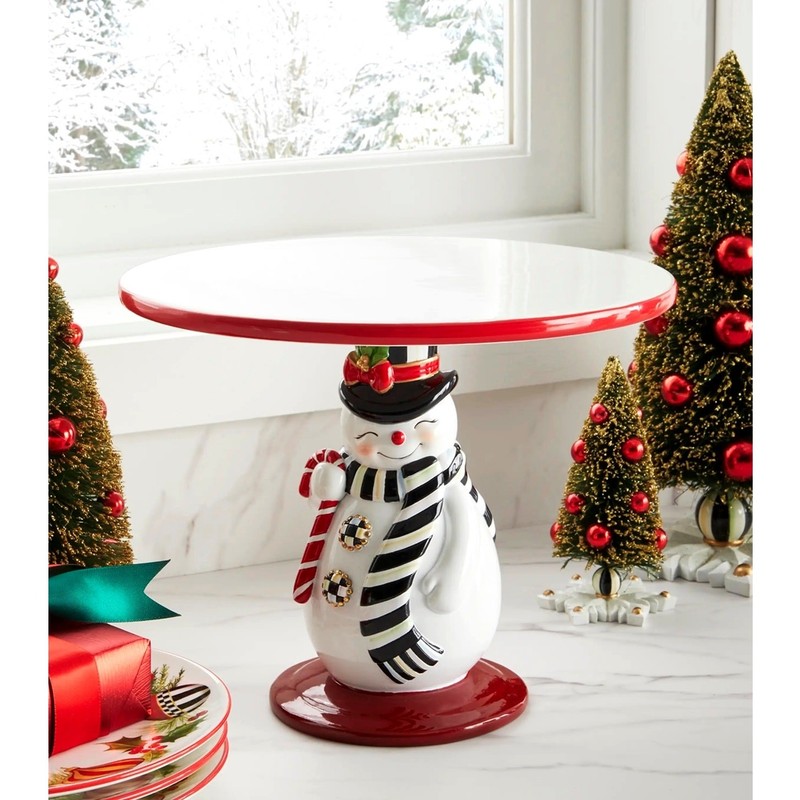 MACKENZIE CHILDS Nostalgia Snowman Pedestal Platter Christmas Holiday NEW gallery