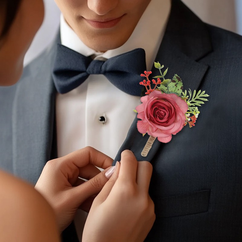 4 Pcs Rose Wrist Corsage and Boutonnieres Set, Wedding Flower Wristlet Rose Pink gallery
