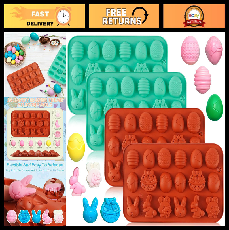4Pcs 3D Easter Rabbit Egg Basket Silicone Candy Molds for DIY Chocolate & Gummy