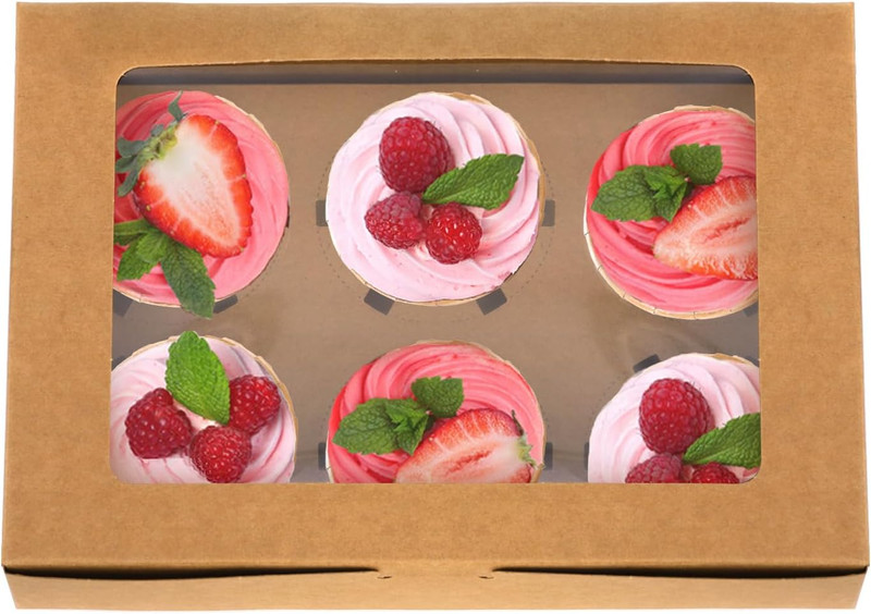 50 Pack Kraft Cupcake Box with Insert & Window Hold 6 Standard Food Grade Bakery gallery