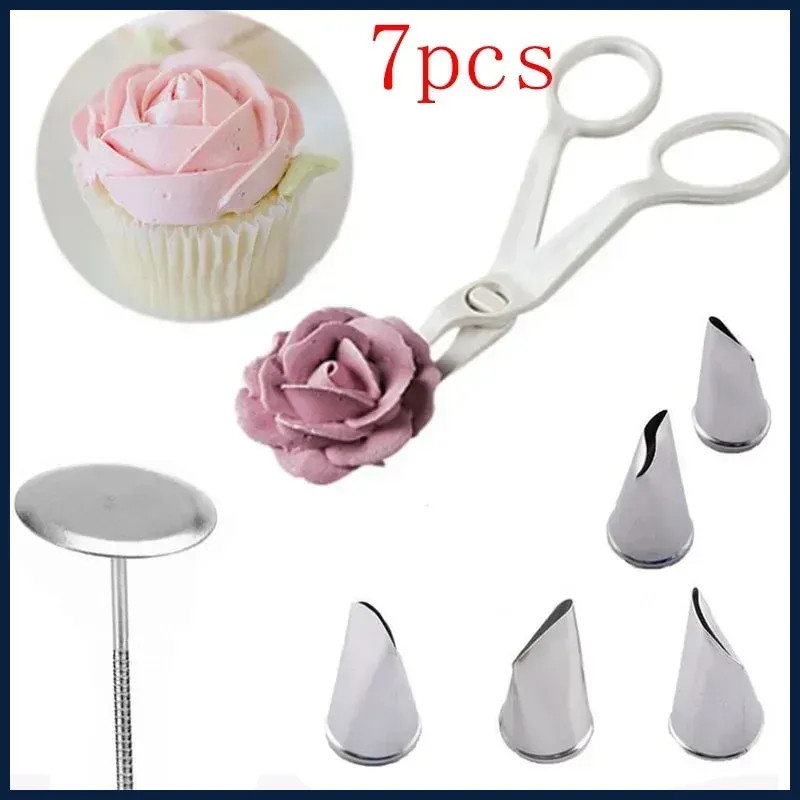 7Pcs/set Flower Scissor+Cake Tray +5pcs Tulips Rose Nozzle Nail Decor Lifter