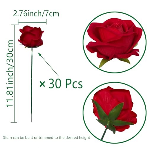 FagusHome 30 Pcs Silk Rose Artificial Flowers Roses Bulk Bouquet Fake Red gallery