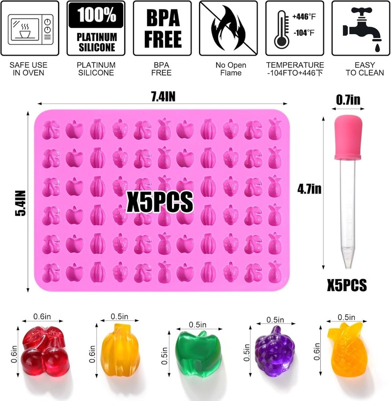 5 PCS Silicone Gummy Candy Molds Fruit Shape Chocolate Mold Set Droppers USA New gallery