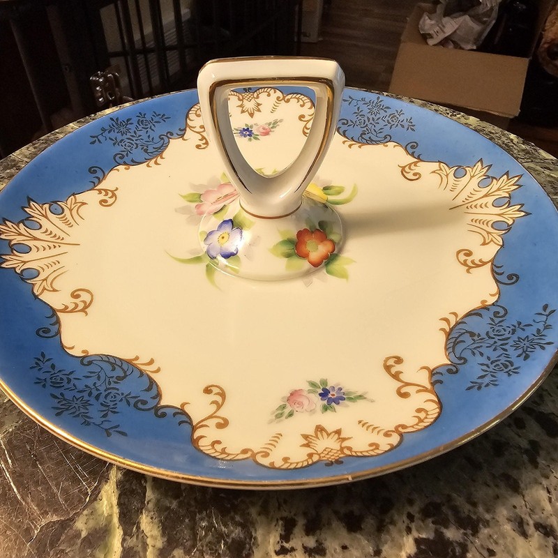 Vintage Noritake Japanese Porcelain Cake Plate | Blue Gold Floral Handle Tray