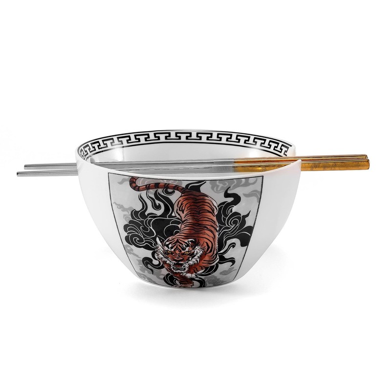 Tiger Ramen Bowl with Chopsticks Ceramic Bowl Stainless Steel Chopsticks Japa…