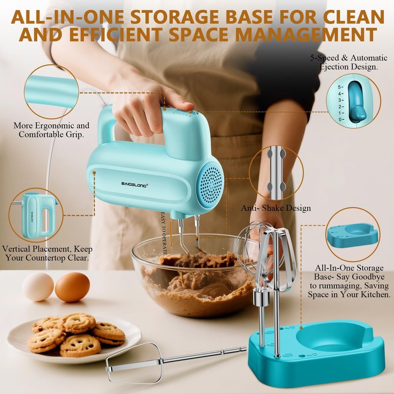 Hand Electric Mixer, 5-Speed KitchenMixer with 5 * 304 Stainless Steel Attach... gallery