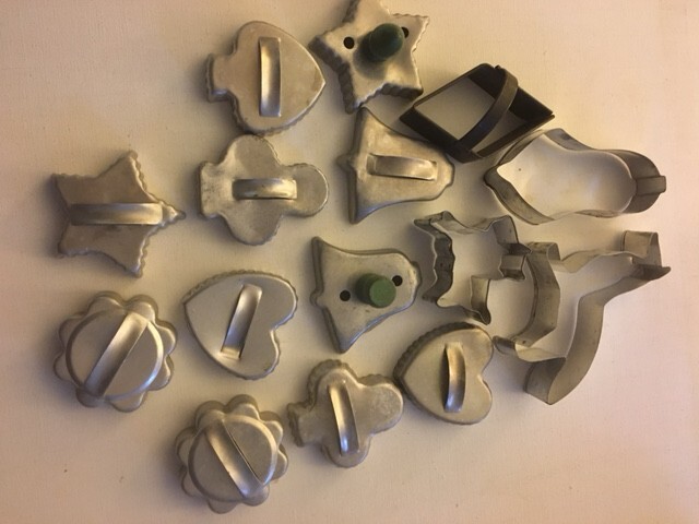 Set of 15 Vintage Cookie Cutters tin aluminum green handles on 2