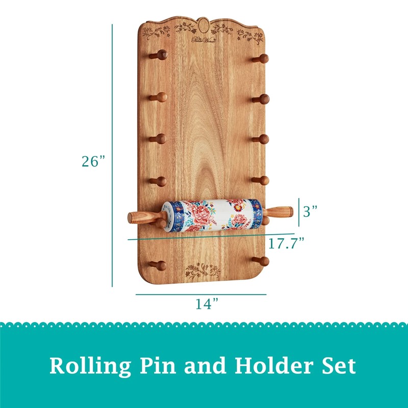 The Pioneer Woman 26in Ceramic French Rolling Pin Dough Roller w Holder New XL gallery