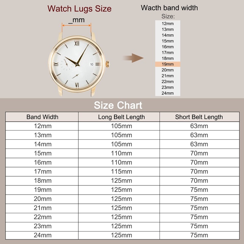 Leather Snap Buckle Strap for Watch 19mm, Brown/Gold gallery