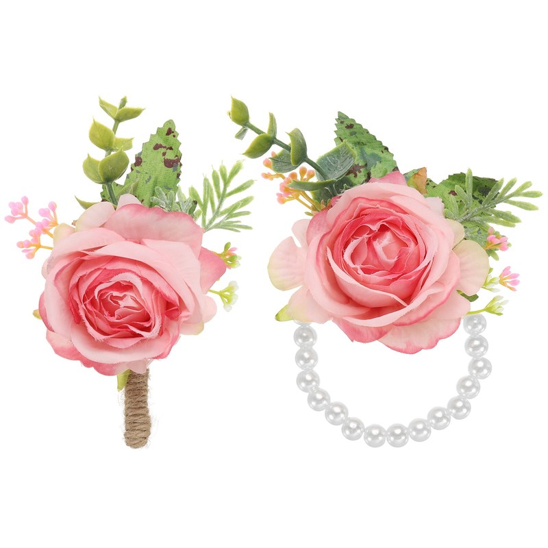 2 Pcs Rose Wrist Corsage and Boutonnieres Set, Flower Wristlet Light Rose Red