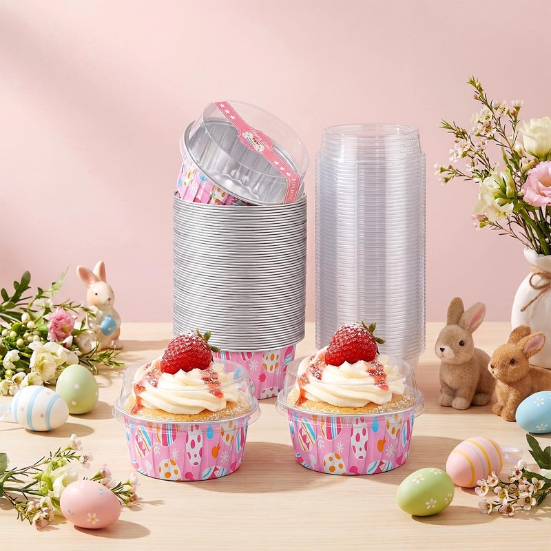 50 Pcs Easter Eggs Mini Loaf Pans with Lids Spoons Sticker 5oz Disposable Cak... gallery