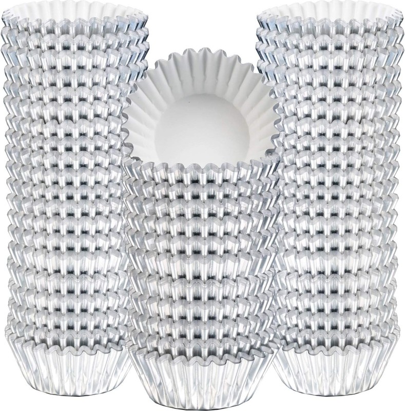 400 Pieces Mini Foil Cupcake Liners, Metallic Baking Cups, Disposable, Silver,