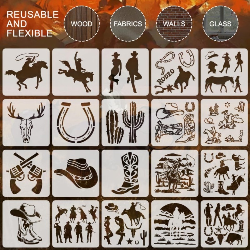 20 PCS 6x6 Inch Western Cowboy Stencils PET Plastic Painting Template DIY gallery