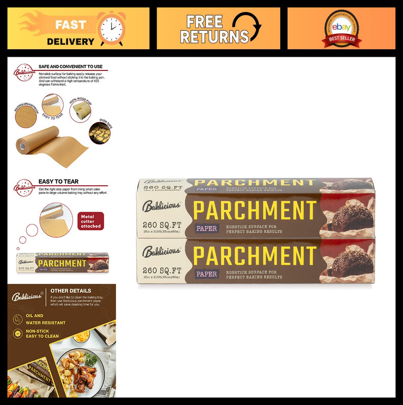 Unbleached Baking Parchment Paper Roll, 2 Pack 15″x210′ Non-Stick Food Grade for