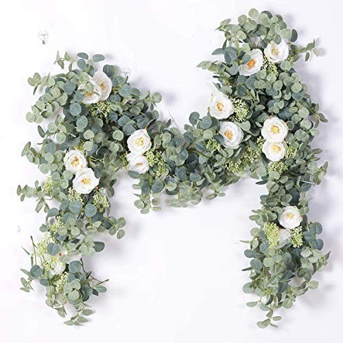 PARTY JOY 6.56ft Eucalyptus Garland with Flowers-8 Roses, Artificial 1PC White
