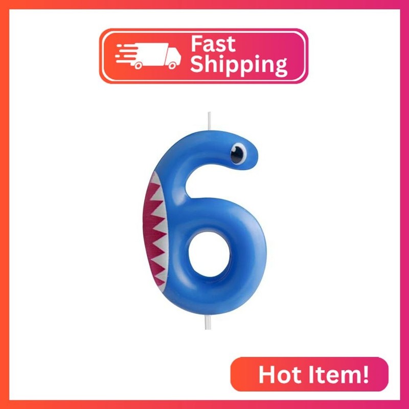 Blue Birthday Candles Shark Number 6,Number 6 Candle,Shark Party Decorations for