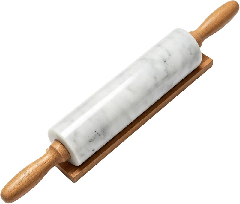 White Marble Rolling Pin for Baking 8Inch Barrel，Dough Roller | with Wooden Hand