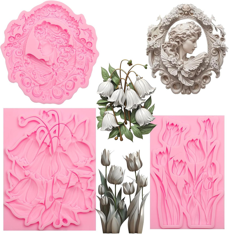 Vintage Floral Silicone Molds Set, 3 Pack Decorative Relief Molds