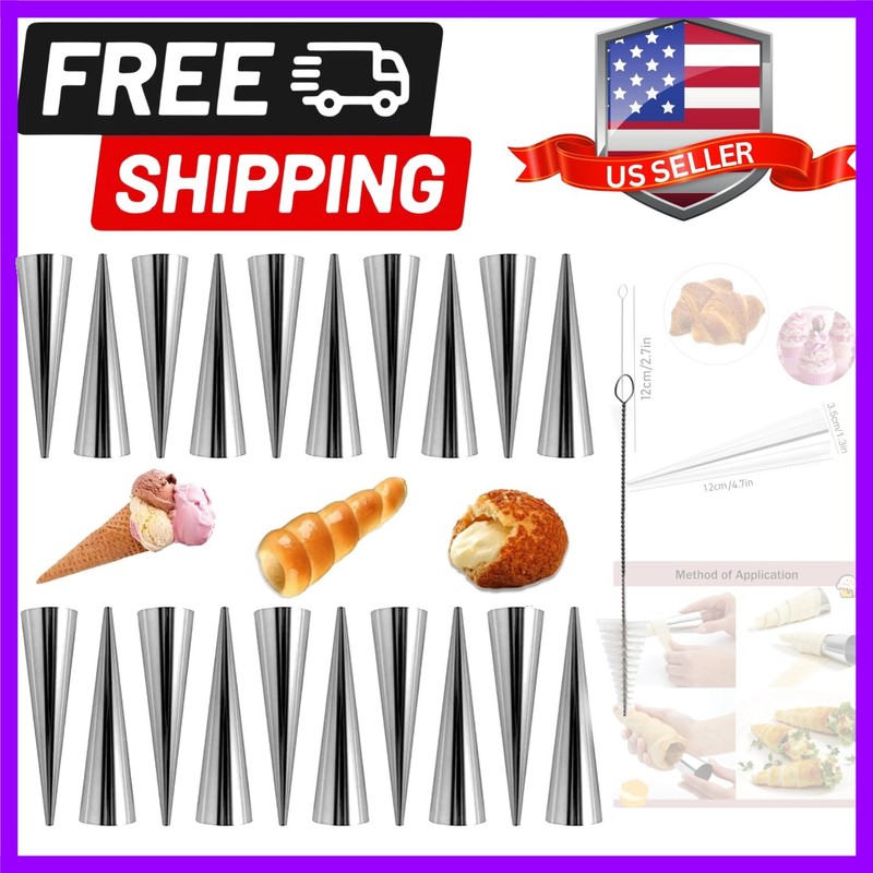 20pcs Cream Horn Molds For Baking Non-Stick Conical Cannoli Tubes Molds 4.7in…