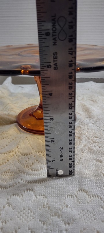 Vintage Amber Teardrop Scallop Indiana Glass Pedestal Cake Plate/Stand Pie MCM gallery