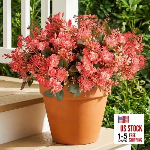 Artificial Flowers Plants for Outdoors, Fake Rose Flowers Green & Pink Rose
