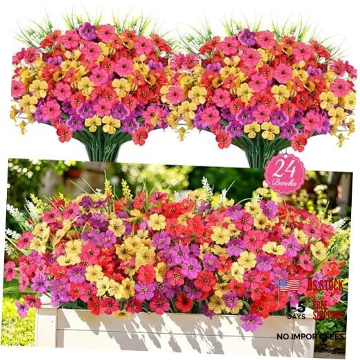 24 Bundles Realistic Fake Flowers for Outdoors, No Fade Faux 24PCS Mix Color