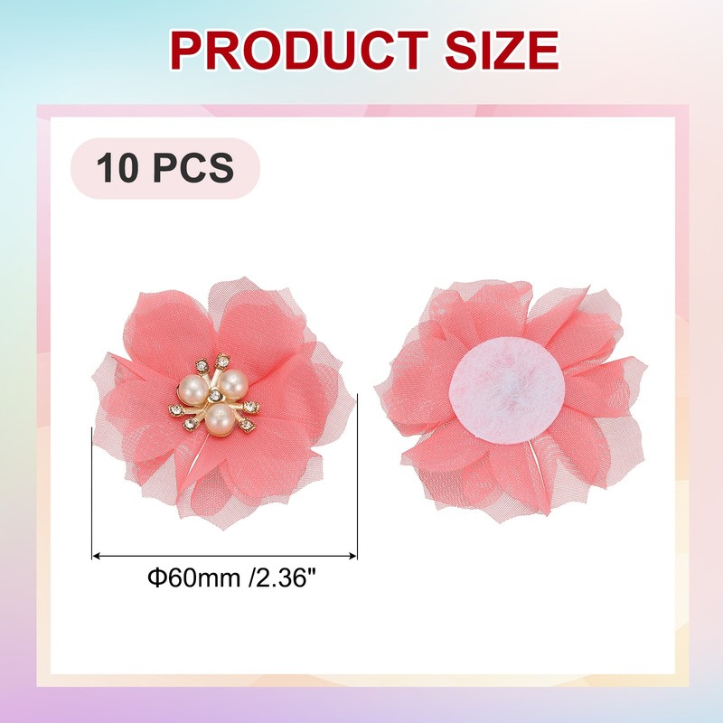10Pcs 2.36 Inch Rhinestone Chiffon Flower Fabric Appliques Watermelon Red gallery