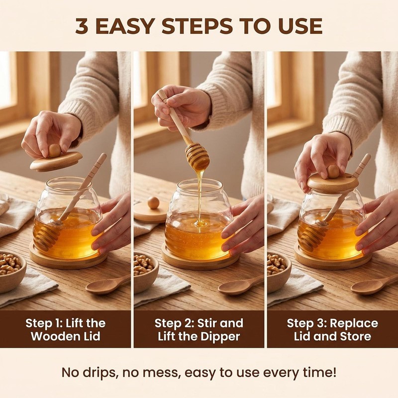 Beehive Glass Honey Jar with Lid and Dipper, 17oz Airtight Honey Pot with Mat... gallery