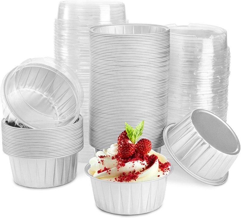 100 Pack Aluminum Foil Cupcake Baking Liner with Lid, 5oz Disposable Ramekin