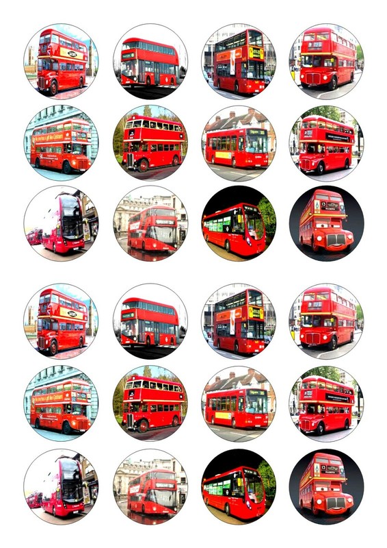 24 LONDON BUSES BUS CUPCAKE TOPPER ICED ICING EDIBLE FAIRY CAKE BUN TOPPERS