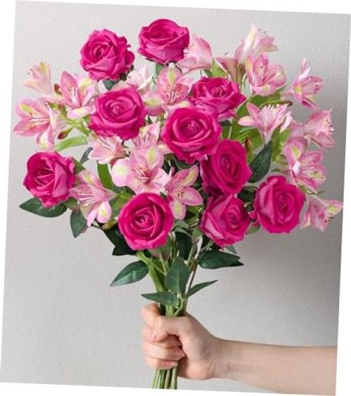 Fake Flowers, 14 Pcs Fake Roses & 10 Pcs Hot Pink Roses & 4 Pcs Pink Lilies gallery