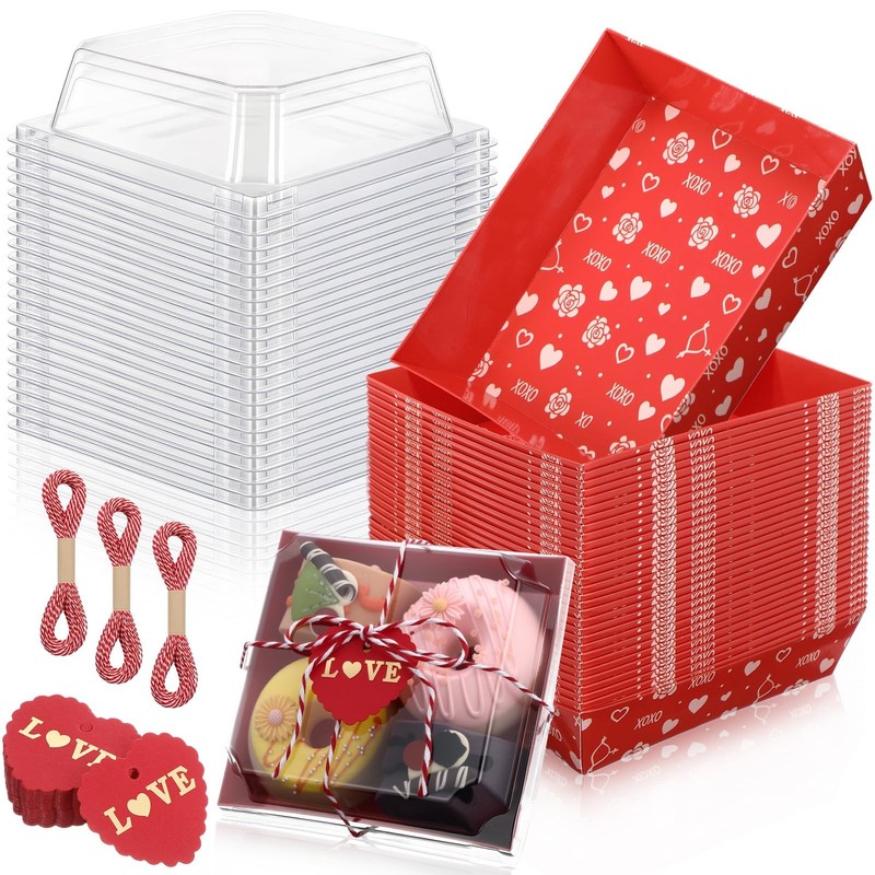 25 Pcs Valentine’s Day Charcuterie Boxes with Clear Lids Rope and Tags 5.3X5