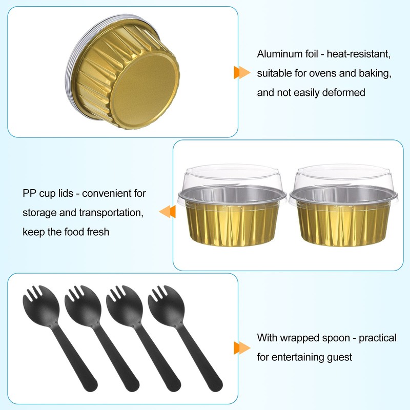 50pcs Cupcake Liners 5oz Aluminum Foil Baking Cups with Lids Forks, Golden gallery
