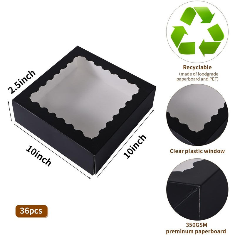 Cake Box Window Bakery Pastry Cookie Boxes Black 10x10x2.5 Inch 36 PCS gallery