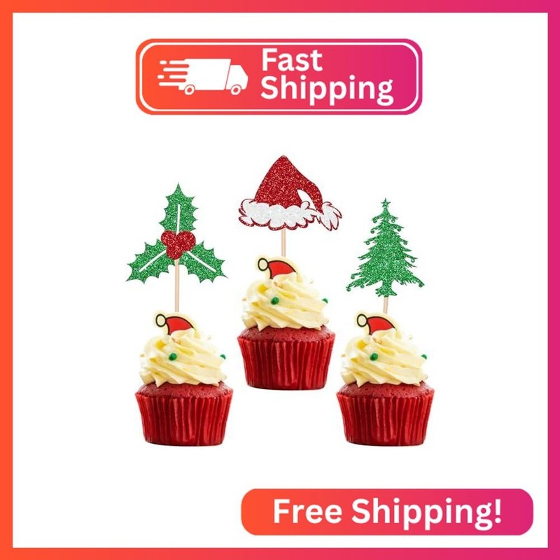 24 PCS Christmas Holly Leaves and Berries Cupcake Toppers Glitter Santa Hat Chri