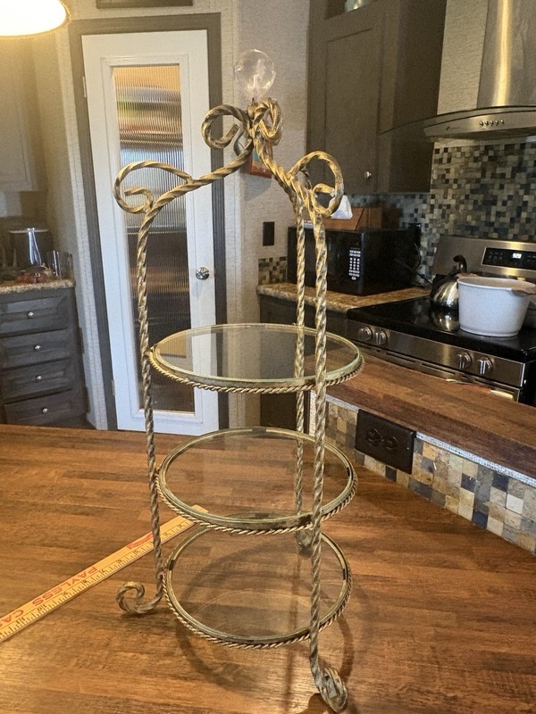 22 H Diminutive French Wrought Iron Decorative Étagère with Round Glass Shelves gallery