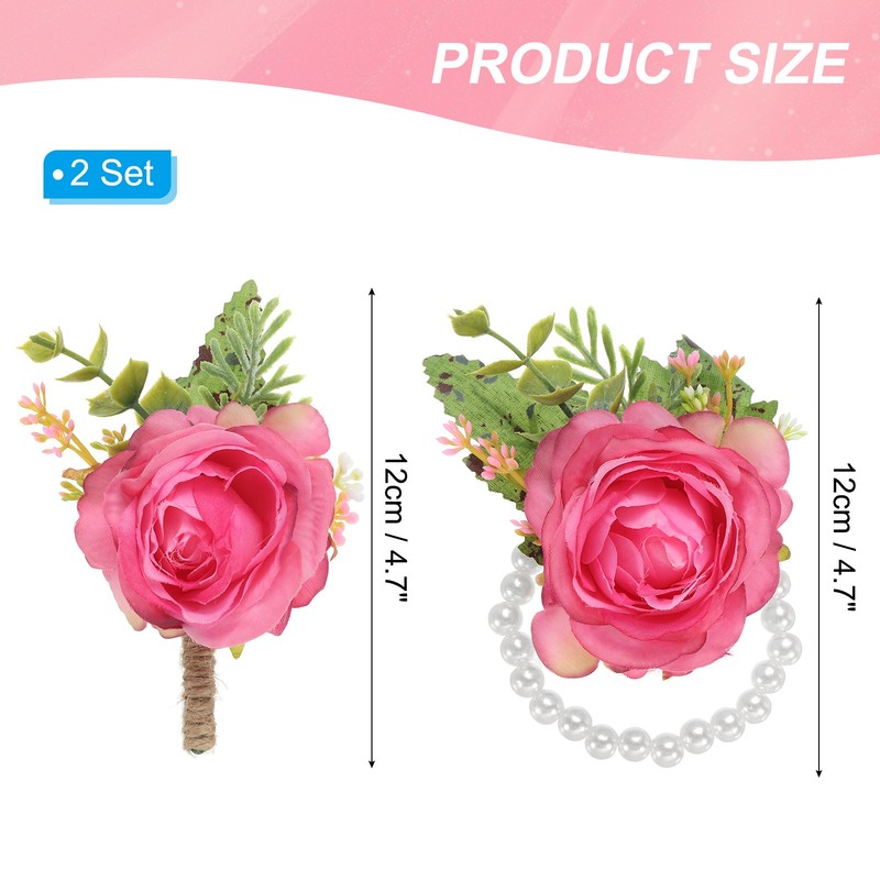 4 Pcs Rose Wrist Corsage and Boutonnieres Set, Wedding Flower Wristlet Rose Pink gallery