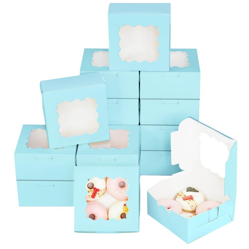 100 PCS 6x6x3 Inch Light Blue Cookie Boxes, Window, Macaroon, Pastry, Bakery