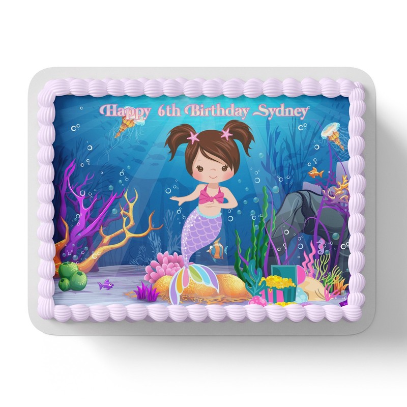 Rainbow Mermaid Under The Sea Rectangle Square A4 A3 Edible Icing Cake Topper