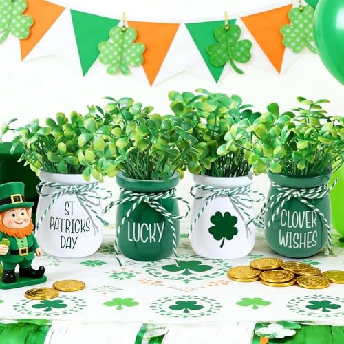 4 Pcs St Patricks Day Mini Jars with Artificial Shamrock MIni Vase Fake gallery