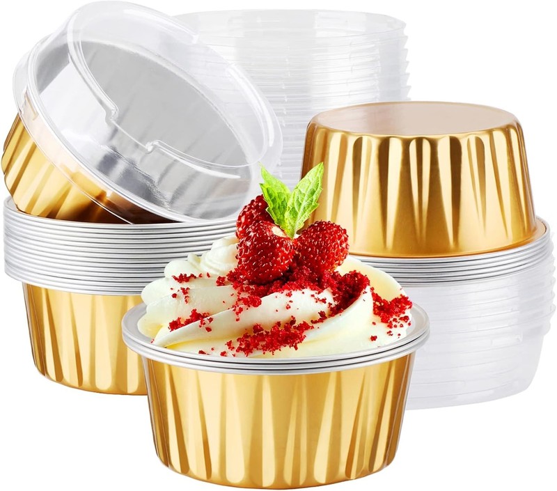 Elegant Gold Aluminum Foil Ramekins - 25 Pack 5oz Baking Cups with Clear Lids gallery