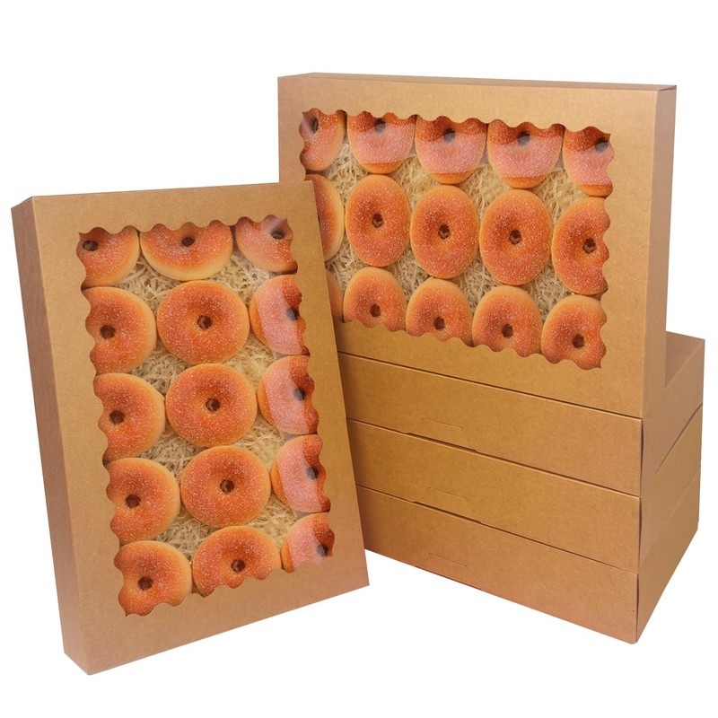 15 PCS AutoPop Up Brown Cookie Box With Window Pastry Bakery 14x10x2.5 Inch