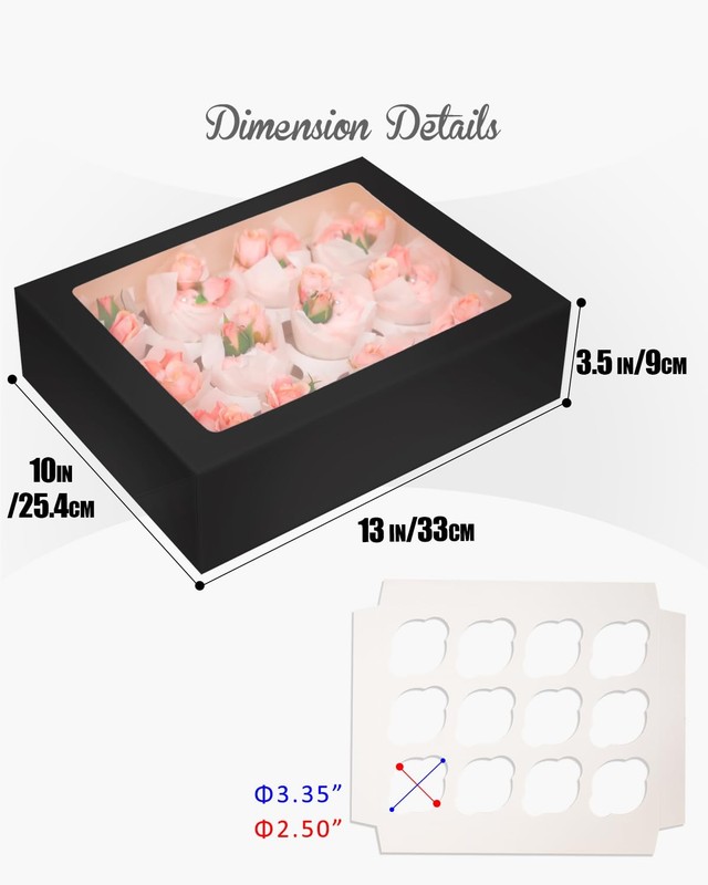 6 PCS 13x10x3.5 Inch Black 12 Cupcake Containers Carrier Bakery Boxes Window gallery