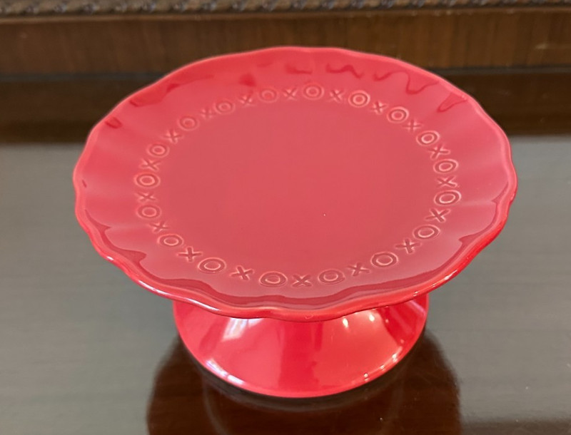 Pottery Barn Red Ceramic Dessert Stand XOXO Love Themed Small Pedestal