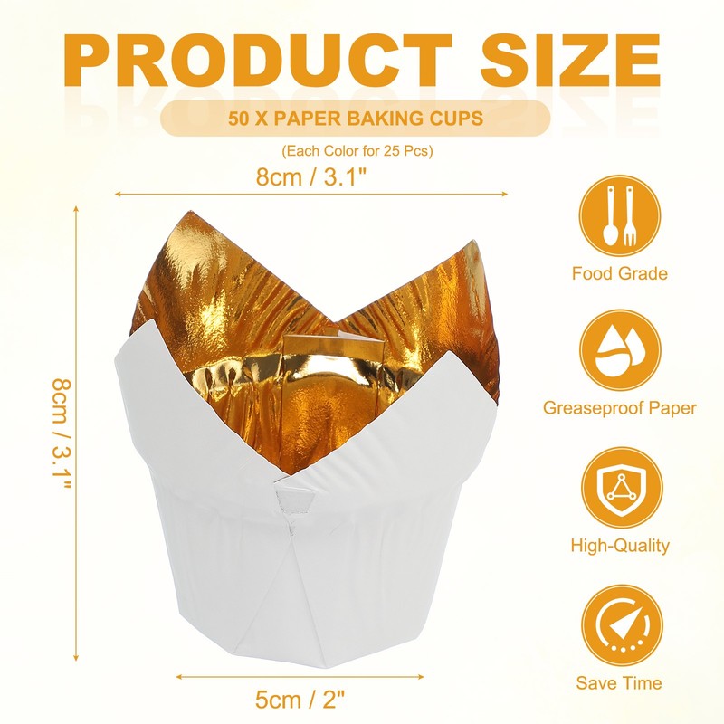 50Pcs Tulip Baking Cups Cupcake Muffins Liners Aluminum Foil(Gold/White&Coffee) gallery