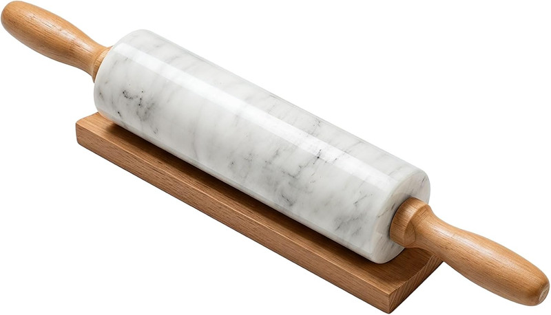 White Marble Rolling Pin for Baking 10inch Barrel，Dough Roller | With Wooden Han