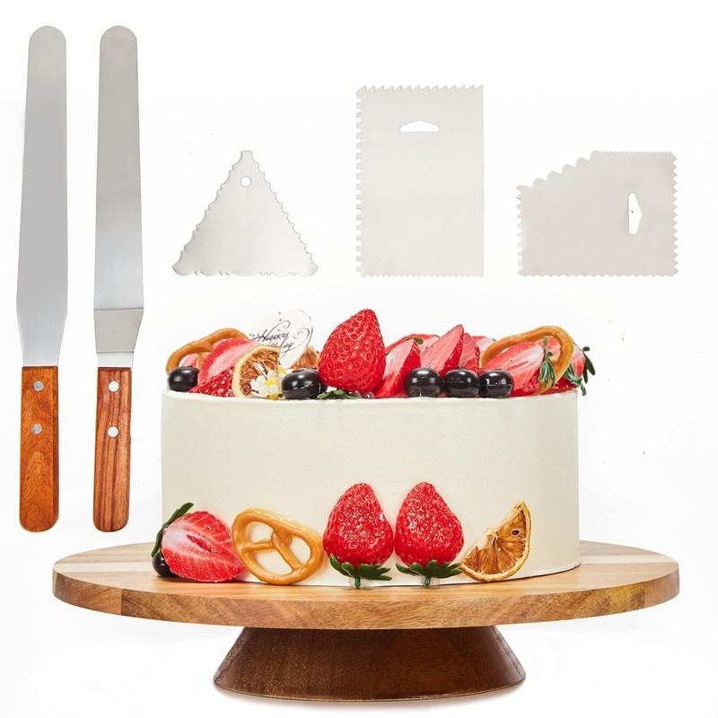 12″ Acacia Wood Revolving Cake Stand, 2″ High Rotating Cake Turntable with 2 …
