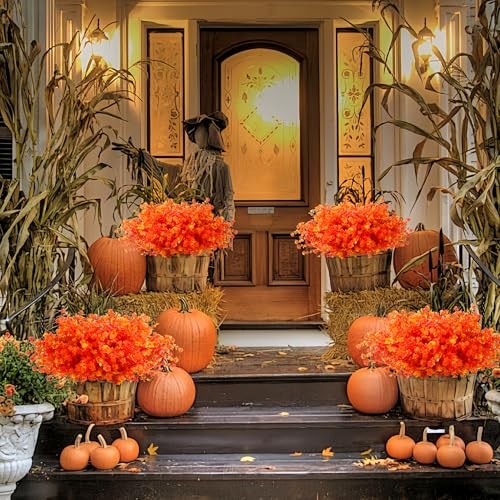 8 Bundles Fall Artificial Flowers Outdoor Fake Flower Plastic UV Orange gallery