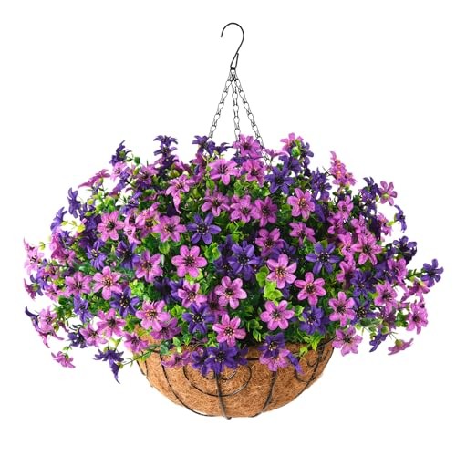 Artificial Flowers Hanging Baskets for Outdoors Spring Decor, 12 Double Purple